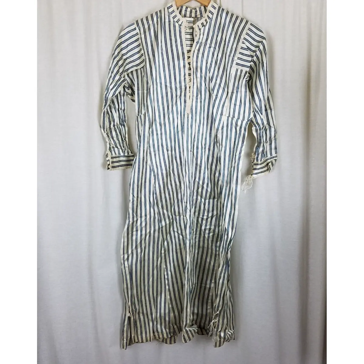 Antique French Satin Long Night Dress Shirt Mens Womens Unisex Xs S Pinstripes 1