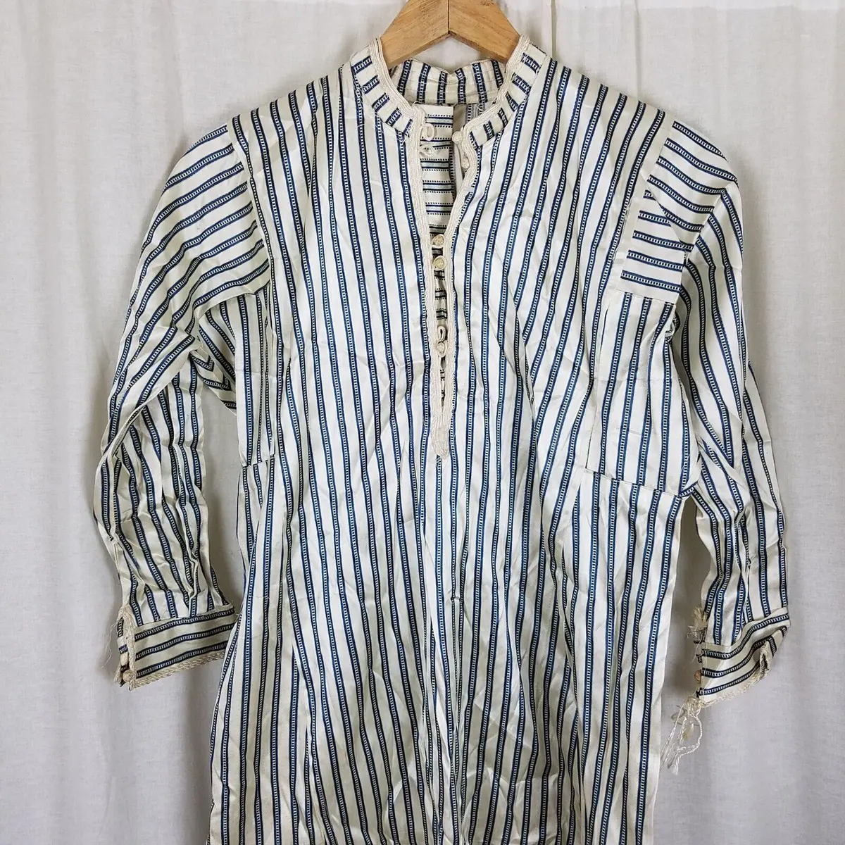 Antique French Satin Long Night Dress Shirt Mens Womens Unisex Xs S Pinstripes 2
