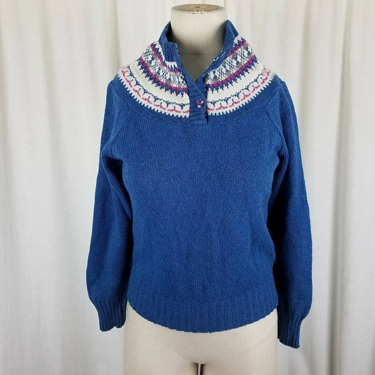Pandora Scotchkin Wool Nordic Fair Isle Knit Henley Sweater Womens S M Jumper 1