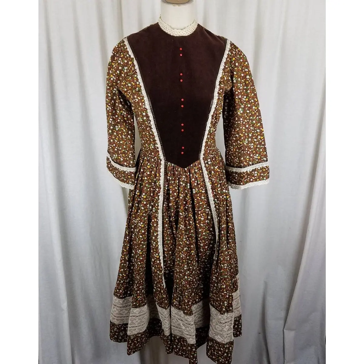 Vintage Calico Peasant Midi Prairie Dress Womens S M Cabincore Cottagecore Boho 1