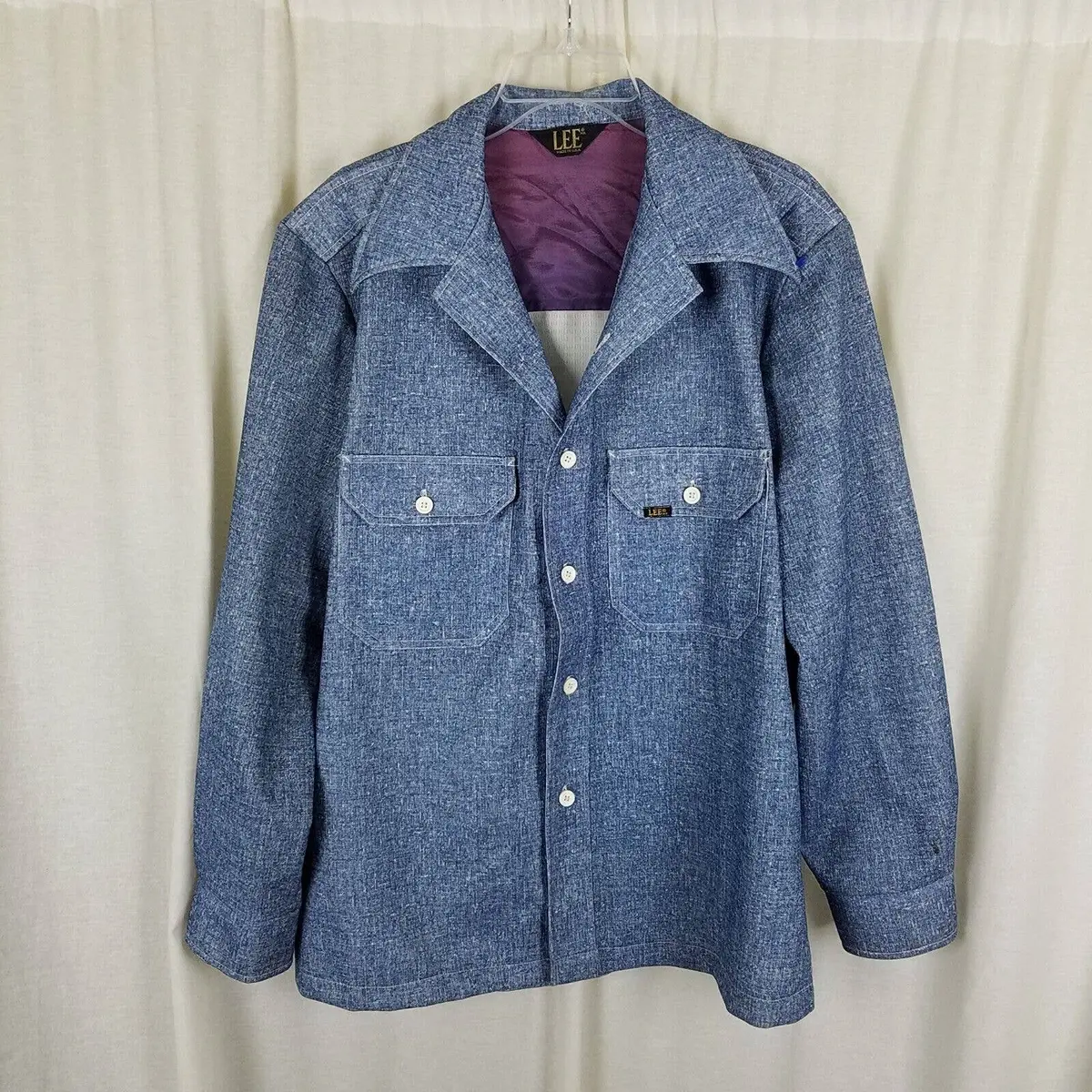 Lee Twill Denim Look Button Up Long Sleeve Polyester Leisure Shirt Mens M L Us 1