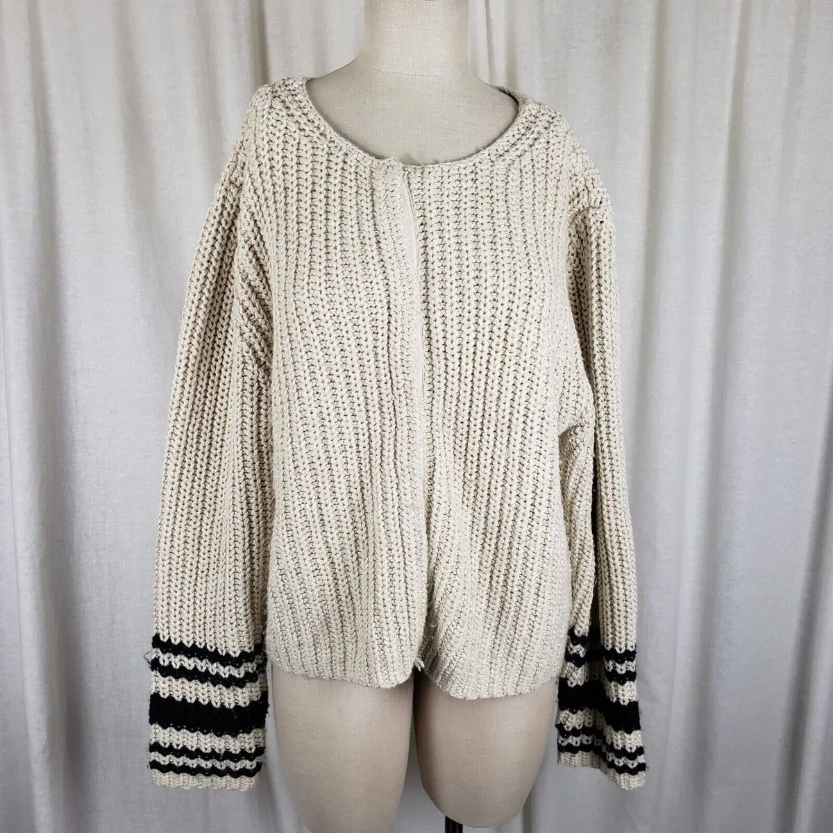 Eddie Bauer Striped Fisherman Ribbed Snap Cardigan Knit Sweater Jacket Women Xlt 1