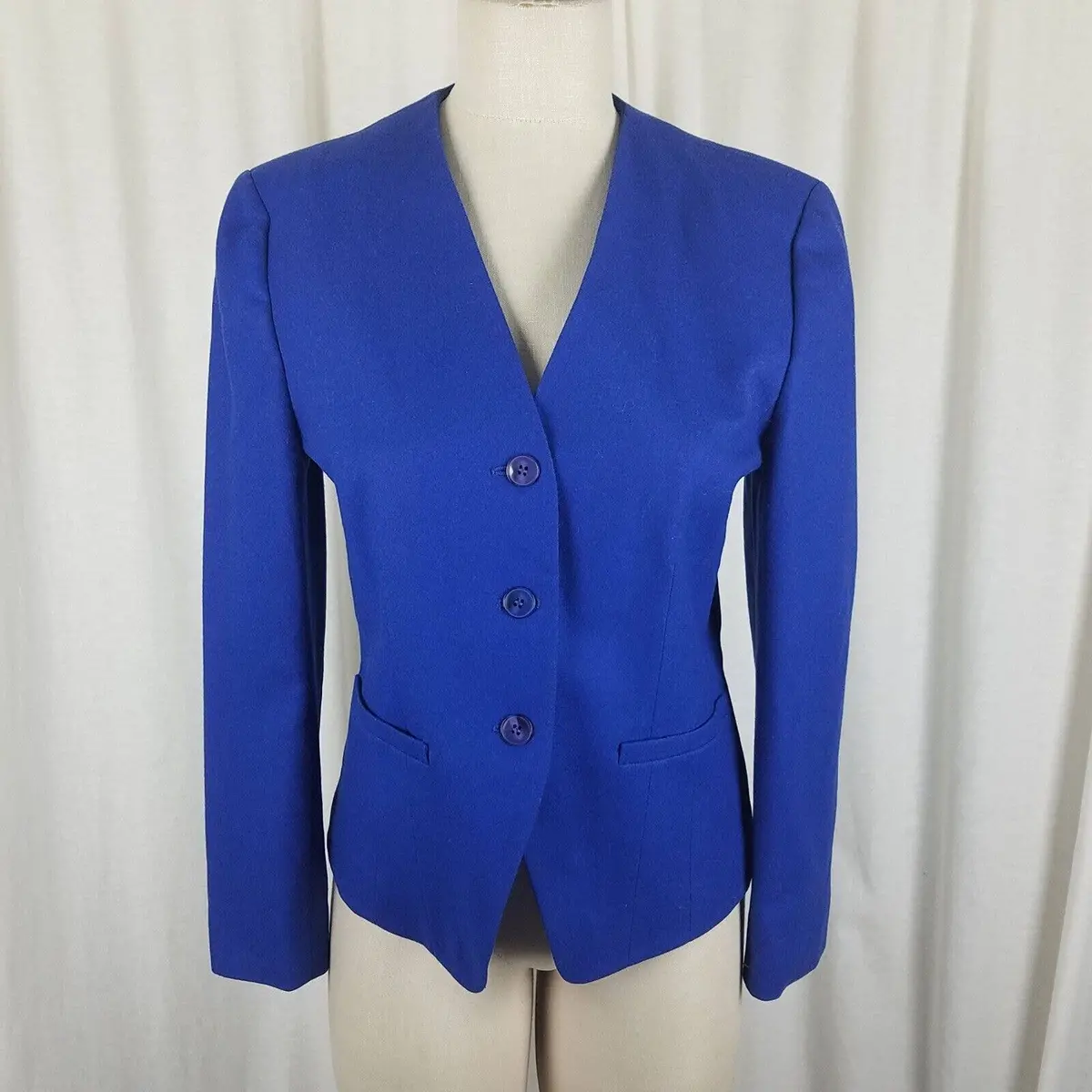 Vintage Pendleton Collarless Pure Virgin Wool Cobalt Blazer Jacket Womens 6 Usa 1