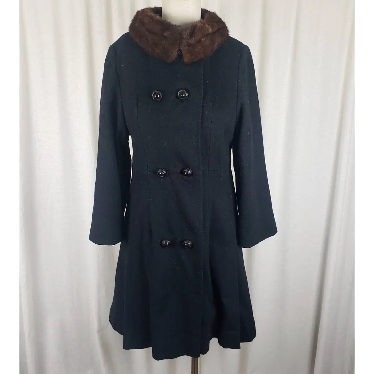Vintage Aldenaire 50S 60S Mcm Fur Collar Winter Wool Swing Peacoat Coat Womens S 1