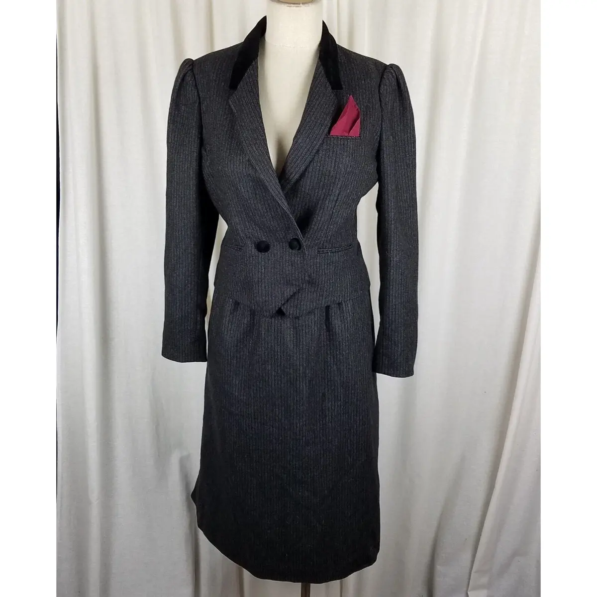 Vintage Sasson Pinstripes Wool Pencil Skirt Blazer Jacket Suit Set Womens 10 11 1