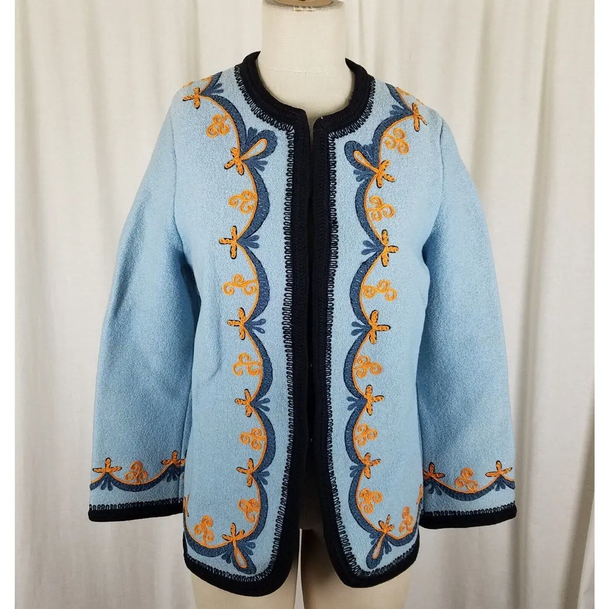 Vintage Austria Boiled Weighted Wool Sweater Jacket Blazer Womens L Embroidered 1