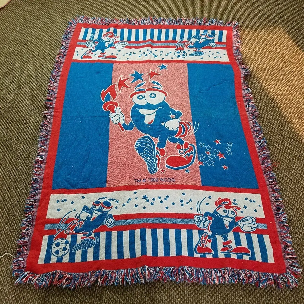 Vintage Olympics Izzy Blanket Woven Fringe 1996 Atlanta Summer Games 1992 Acog 1