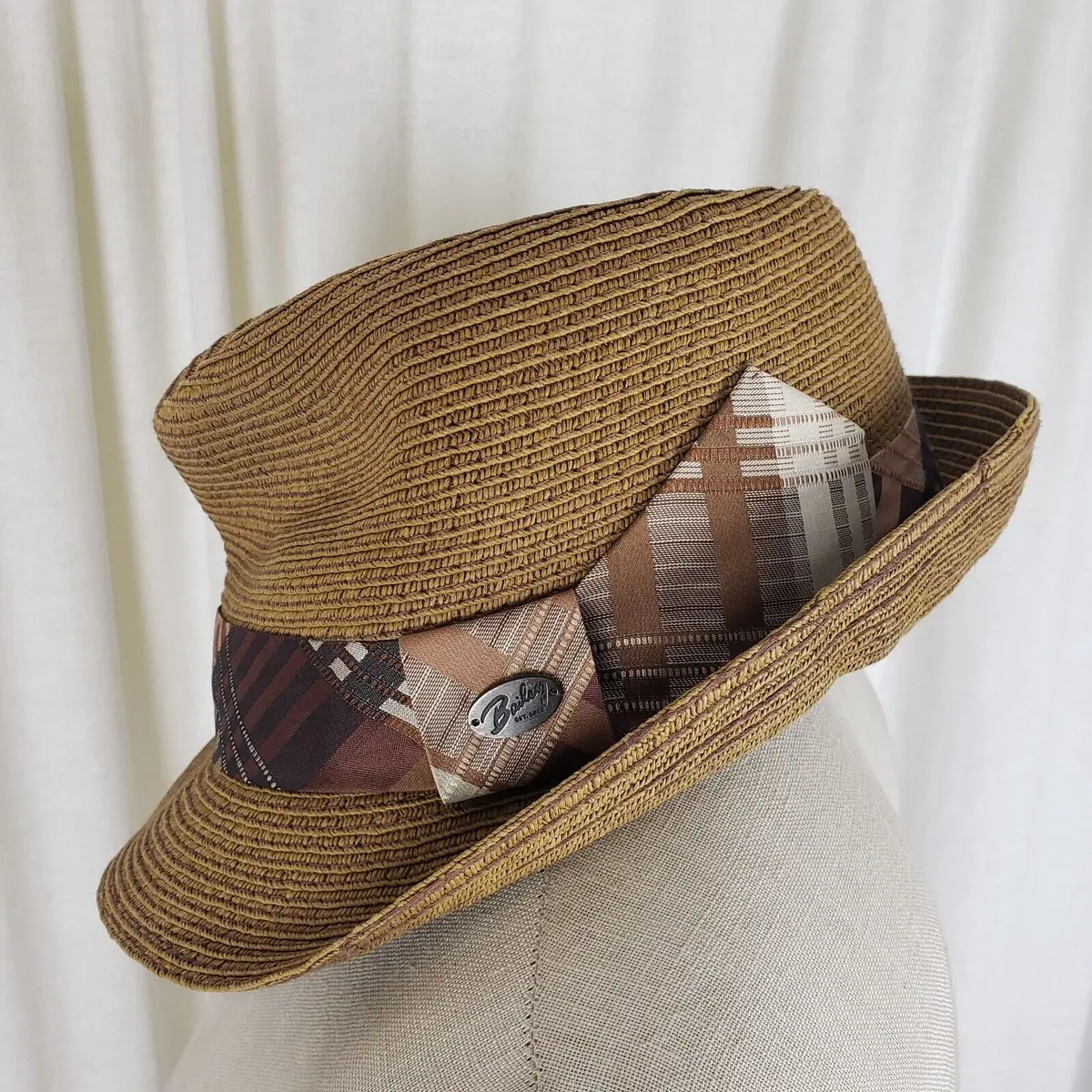 Vintage Bailey Of Hollywood Paper Straw Fidora Hat Mens S Meyer The Hatter Plaid 1