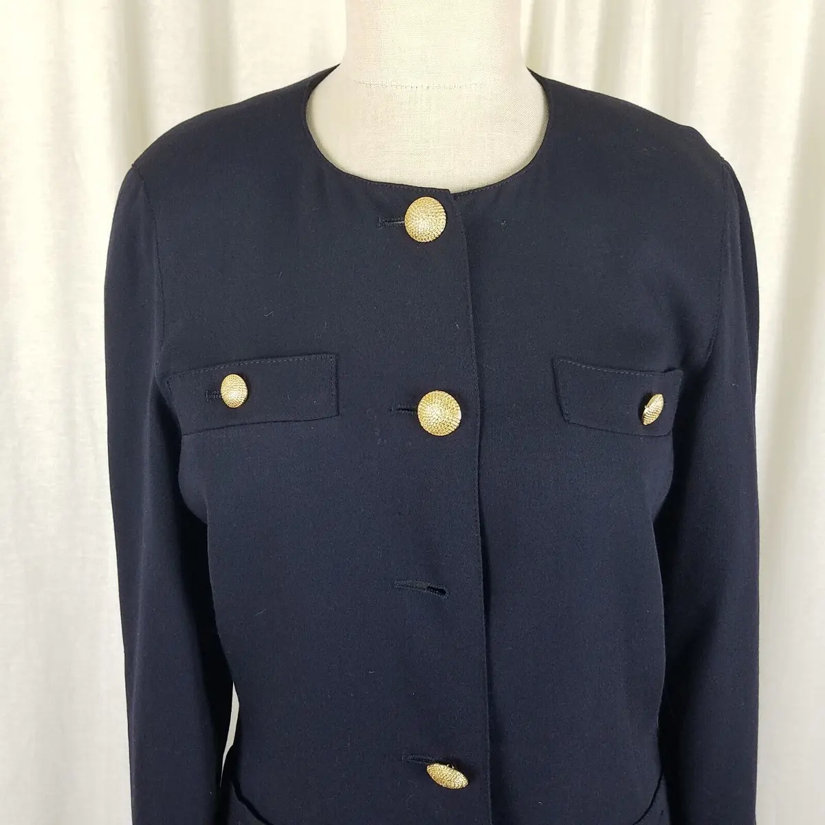 Marella Worsted Wool Navy Blue Collarless Jacket Blazer Womens 8 Crest Buttons 2