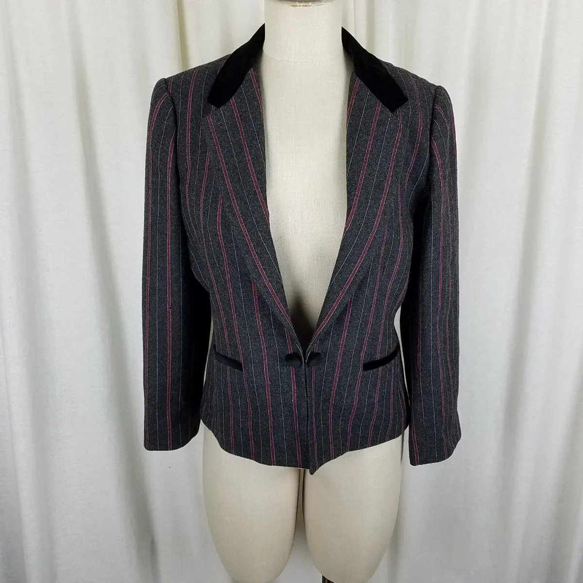 Vintage Sasson Velvet Collar Red Pinstriped Cropped Blazer Jacket Womens 12 13 1