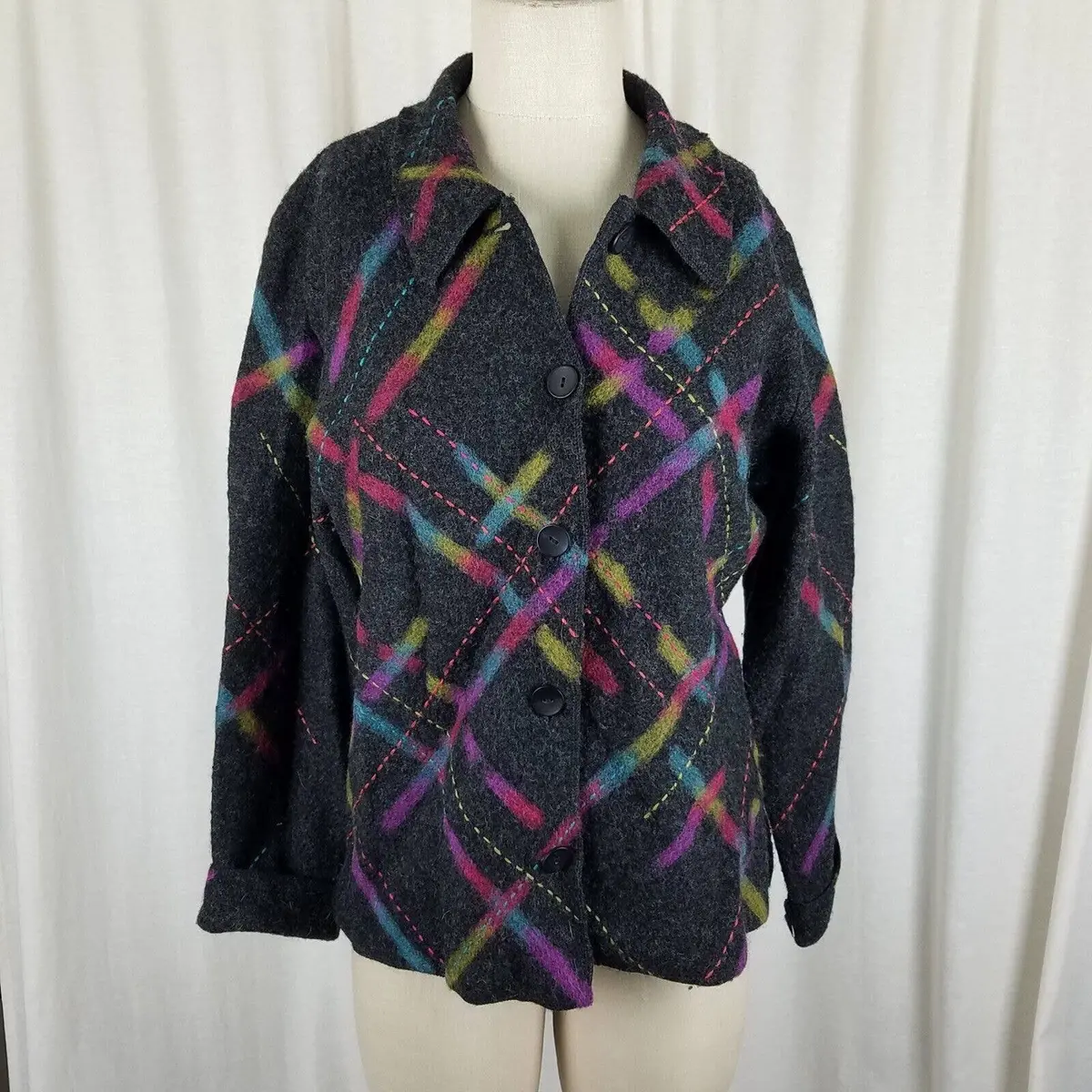 Vintage Talbots 100% Wool Argyle Plaid Blazer Jacket Womens M Boiled Felted 1