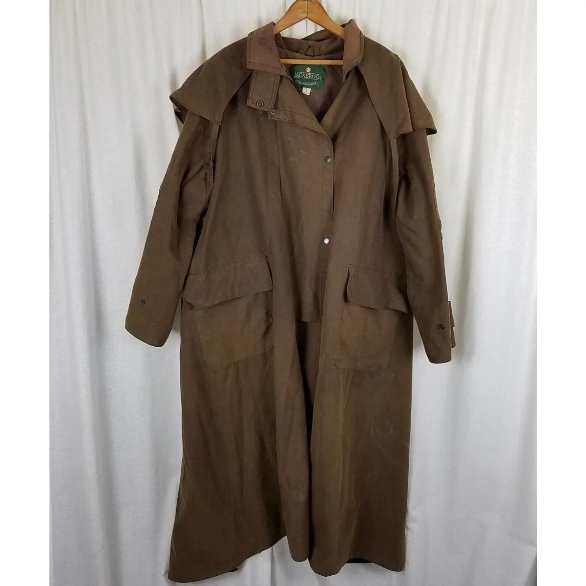 Vintage Jackeroos Oiled Canvas Duck Waxed Cape Top Stockman Drovers Trench Coat Mens 5 L 1