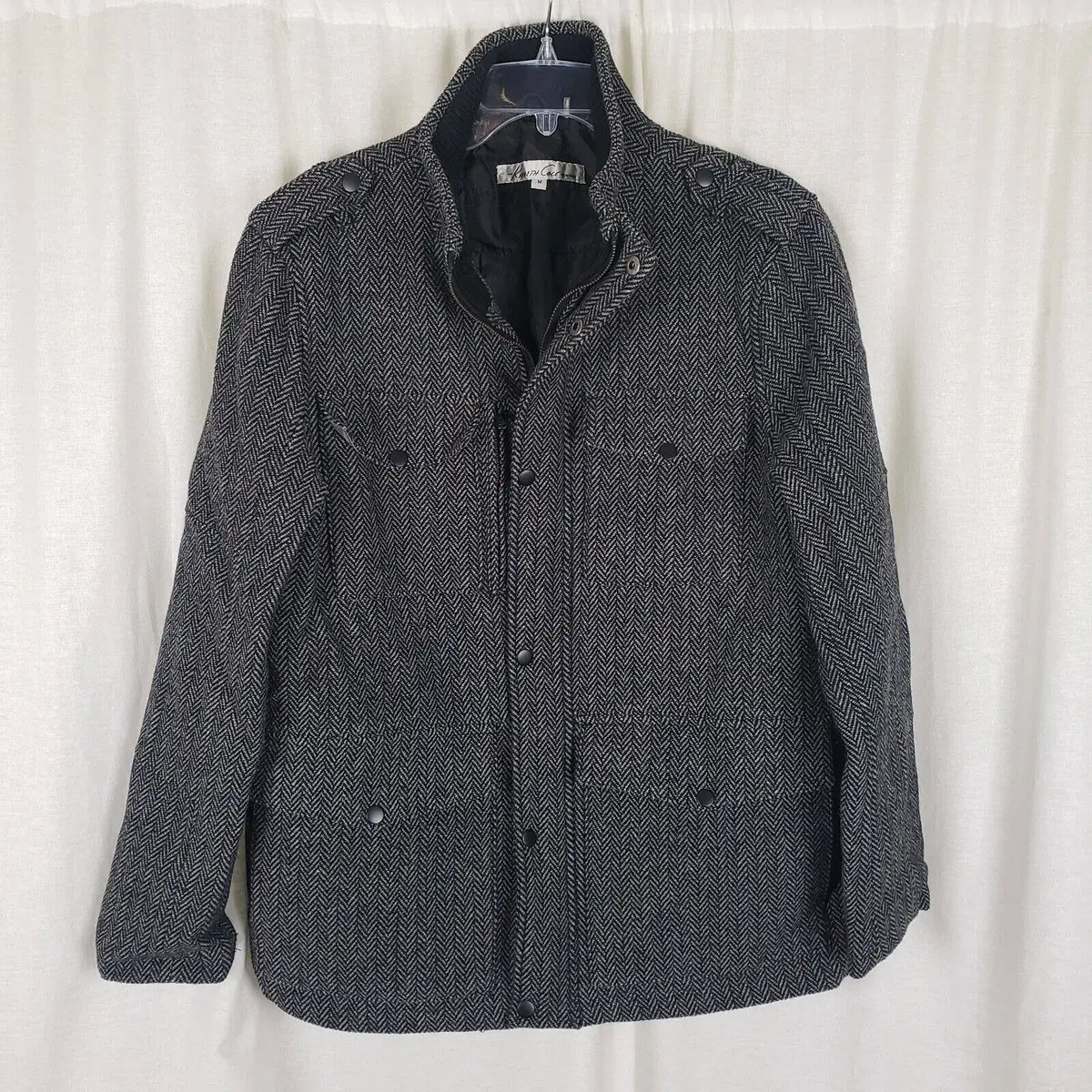 Kenneth Cole Ny Herringbone Tweed Wool Bomber Field Jacket Mens M Black & White 1
