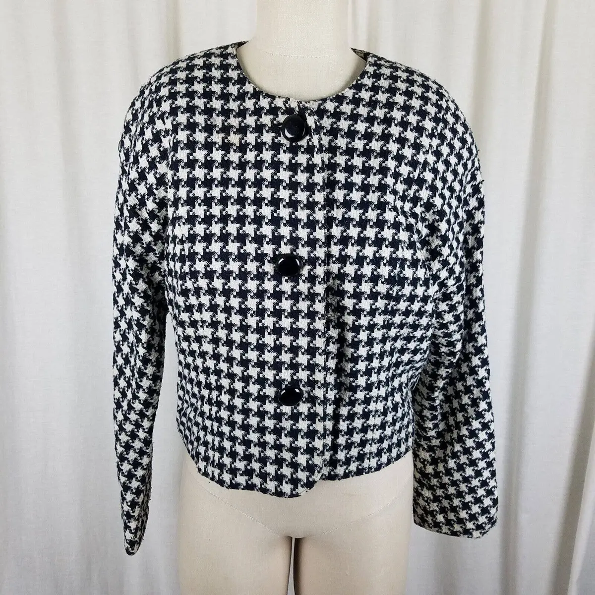 Mister Leonard Large Houndstooth Print Tweed Cropped Jacket Womens 12 Woven Wool 1
