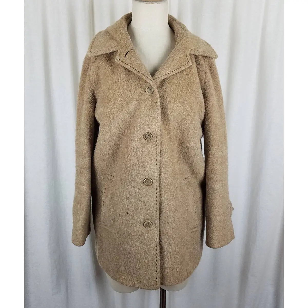 Vintage 100% Llama Wool Mouton Fur Car Coat Peacoat Womens 14 Camel Tan Color Uk 1