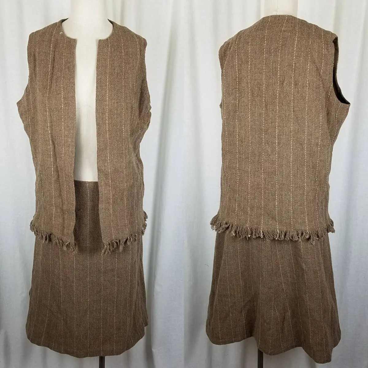 Vintage Handmade Pinstripes Wool Mod Skirt Blazer Jacket Skirt Suit Womens L Xl 1