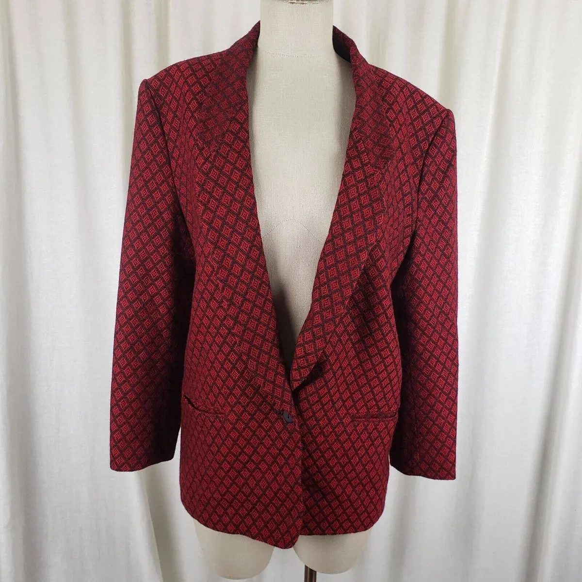 Calvin Klein Studio Red Wool Black Diamond Jacket Blazer Womens 10 Usa Vintage 1