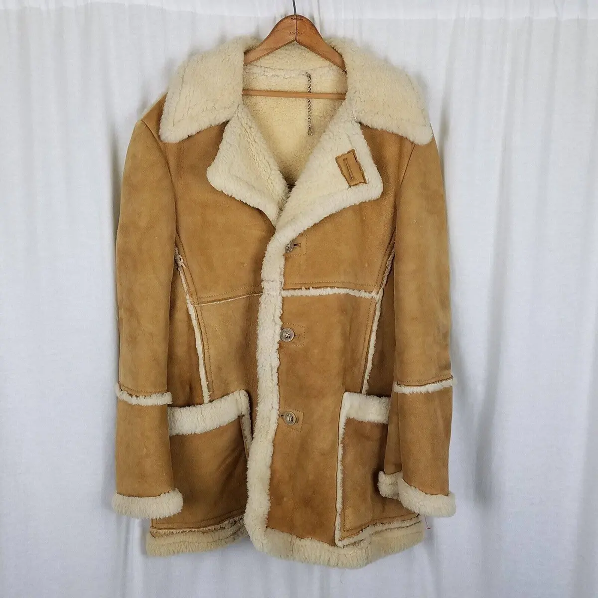 Vintage Sears The Leather Shop Shearling Suede Western Peacoat Mens 44 Tall Usa 1