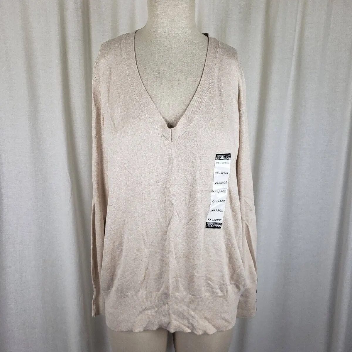 Kenneth Cole Reaction Lightweight Knit V-Neck Sweater Womens Xl Oatmeal Sa7001 1