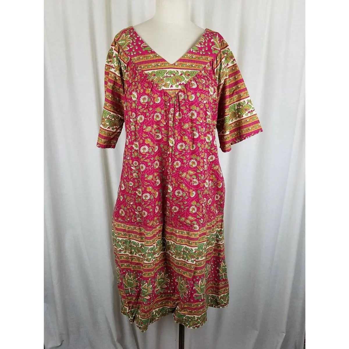 Vintage 70S Kaftan Hawaiian Dress Muumuu Womens M L Vneck Floral Midi Tiki Luau 1
