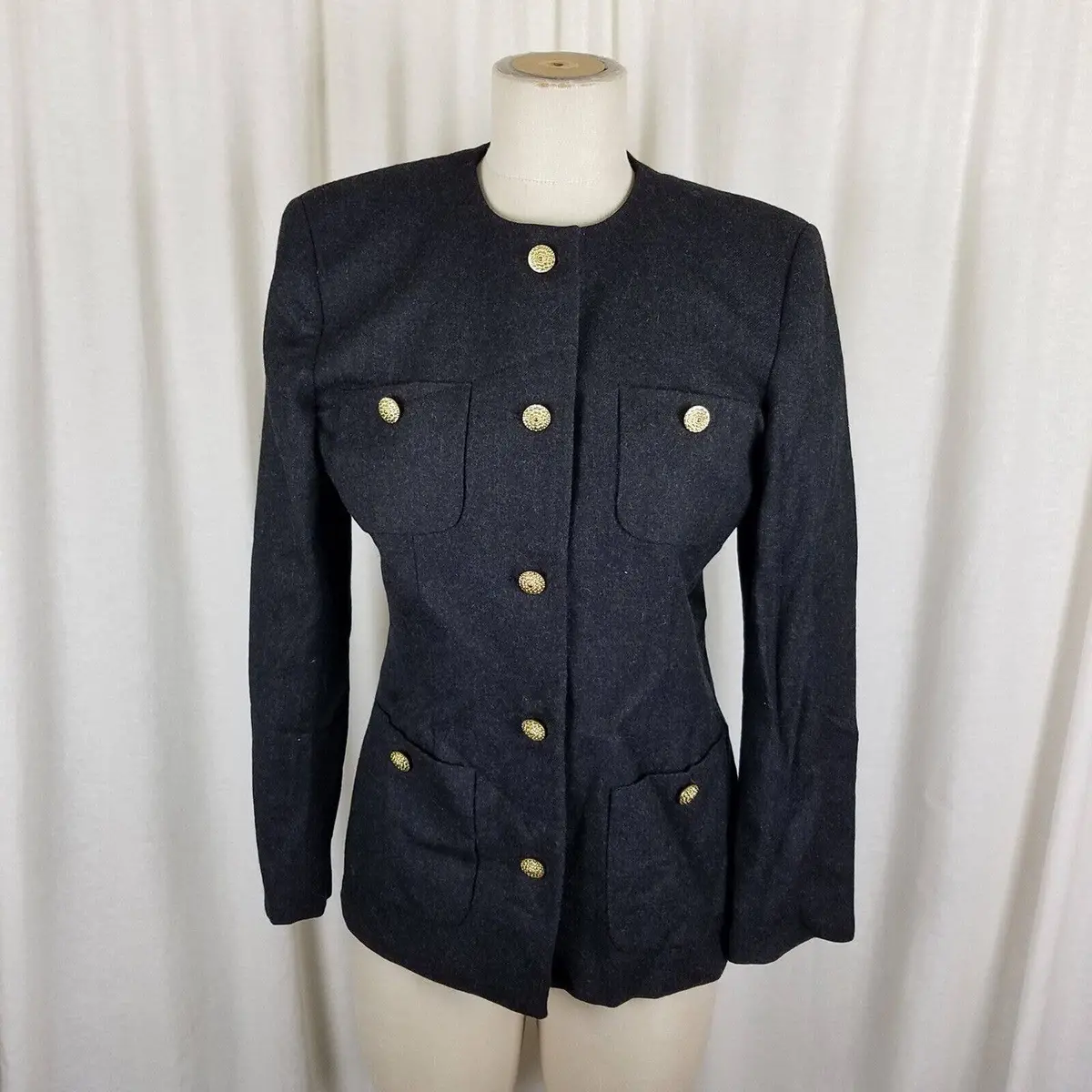 Vintage Saville Wool Collarless Jacket Blazer Womens 4 Charcoal Gray Crest Buttons Usa 1