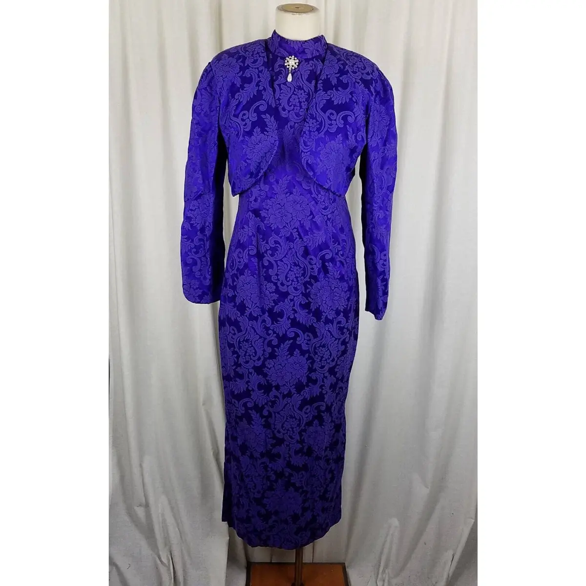 Vintage Bari-Jay Keyhole Bustle Back Maxi Damask Dress Crop Jacket Womens 13 14 1