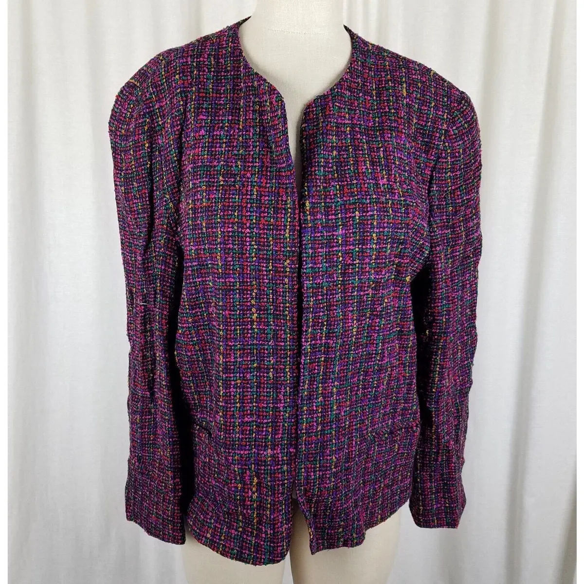 Vintage Orvis Colorful Tweed Art To Wear Open Front Blazer Jacket Womens 16 Usa 1