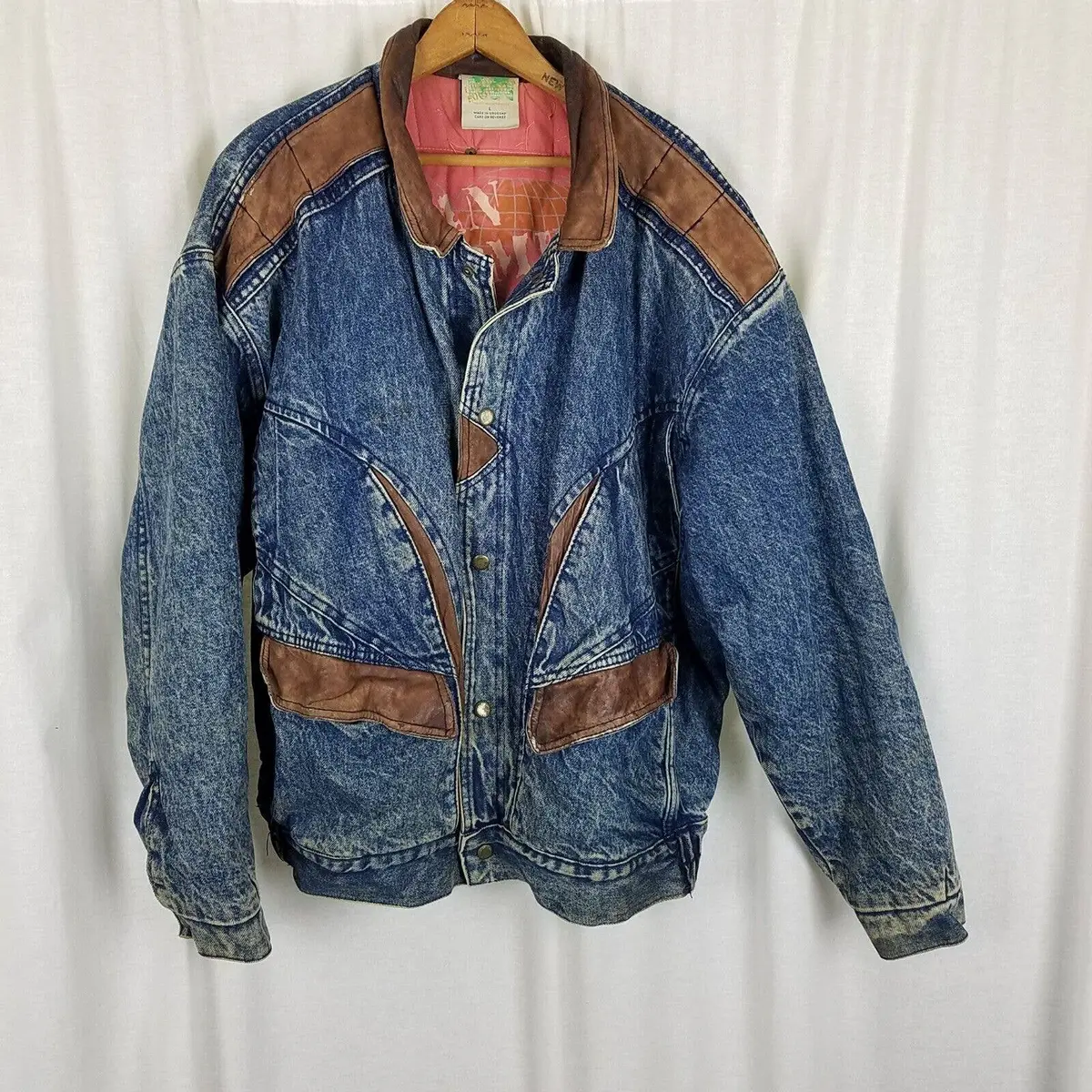 Vintage Urban Outfitters Denim Leather Bomber Jean Jacket Mens L Quilted Liner 1