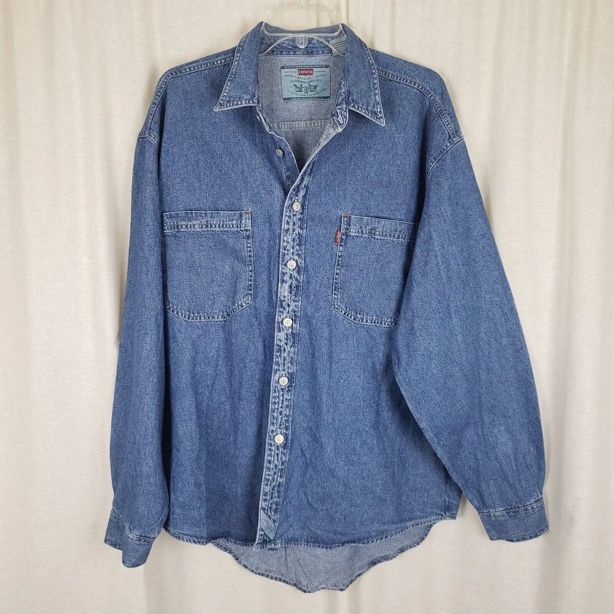 Vintage Levis Two Horse Chambray Denim Blue Jean Button Down Work Shirt Mens L 1