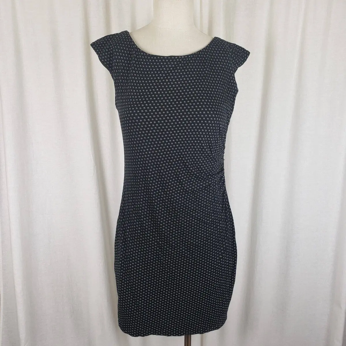 Loft Outlet Black White Birdseye Side Ruched Cap Sleeves Stretch Dress Womens M 1