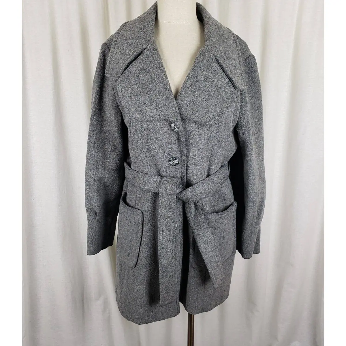 Vintage Montgomery Ward Grey Wool Tie Sash Trench Coat Peacoat Womens M 70S Usa 1