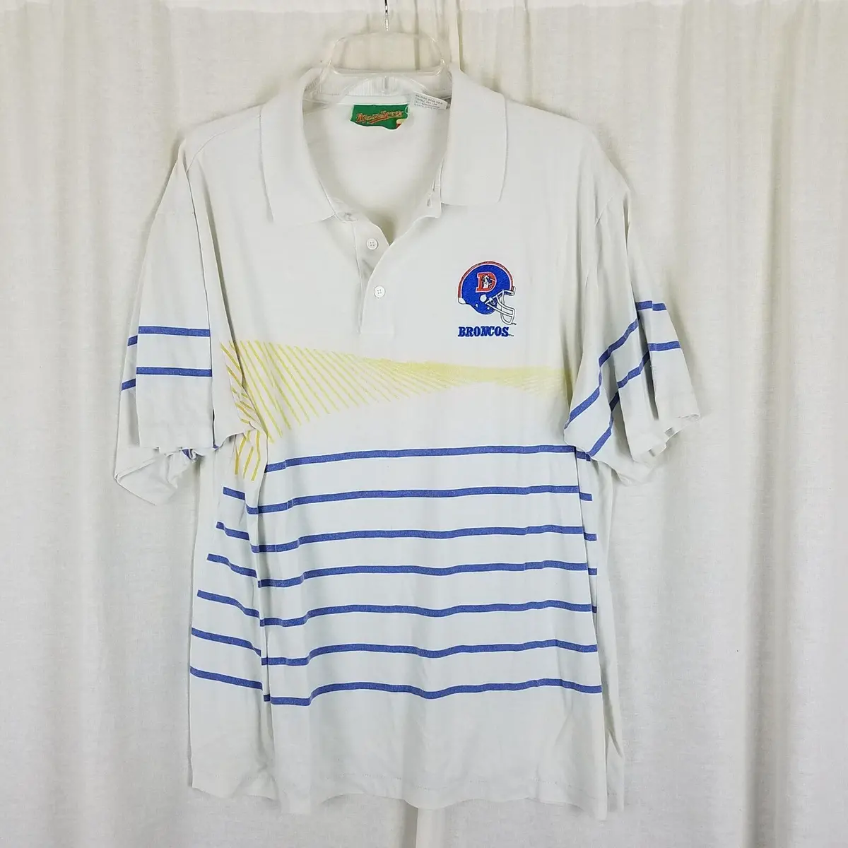 Vintage Main Sports Denver Broncos Yellow Stripe Polo Shirt Mens L D Helmet Logo 1