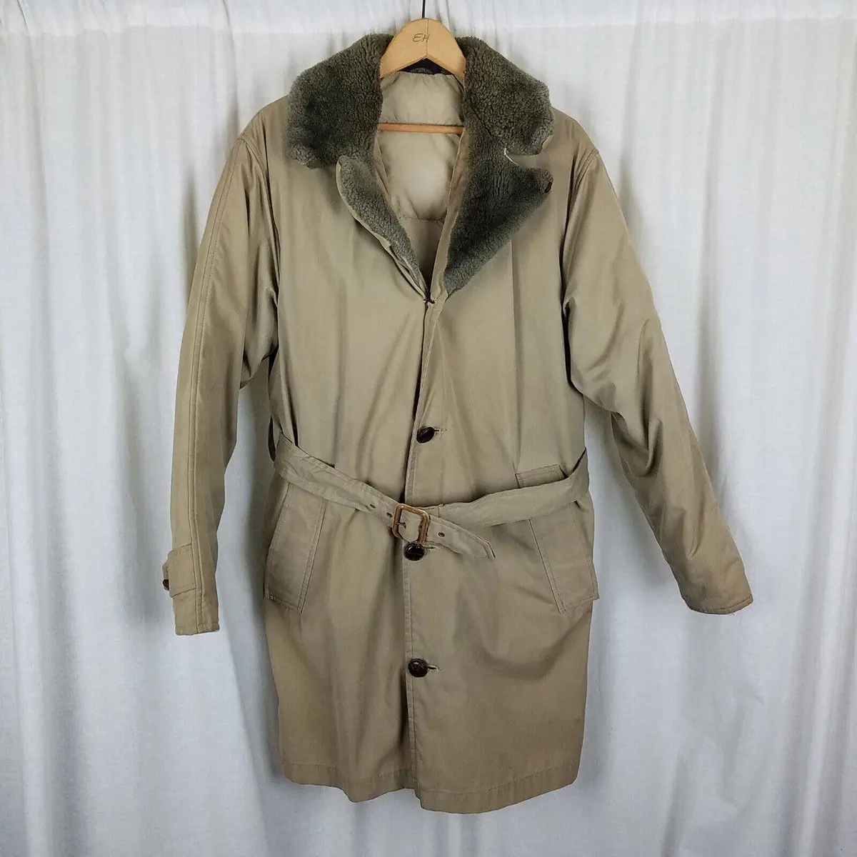 Vintage Ll Bean Mouton Fur Collar Down Belted Trench Coat Parka Mens M Peacoat 1