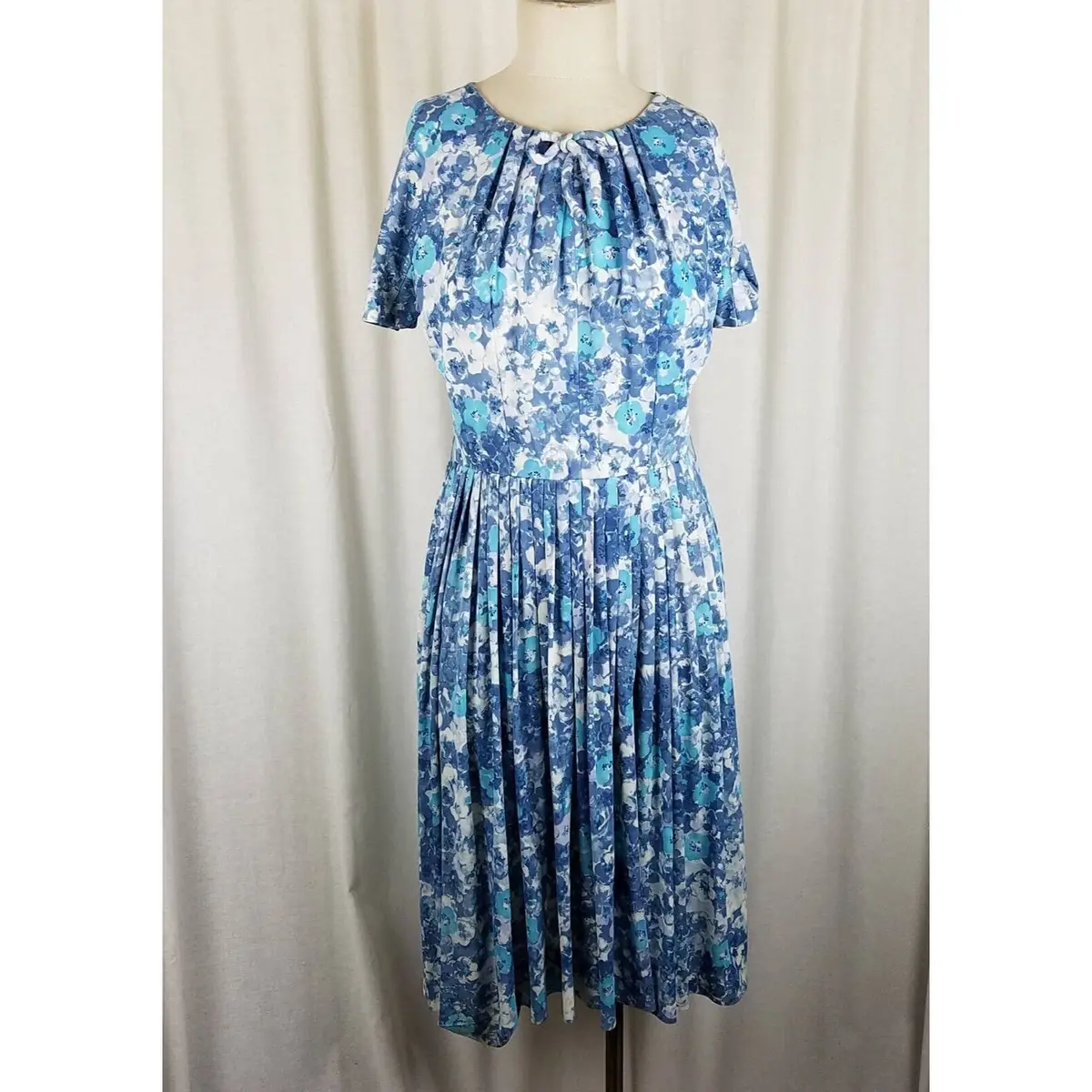 Vintage Wilshire Of Boston Blue Floral Twirl Day Dress Womens Xs S 40S 50S Mcm 1