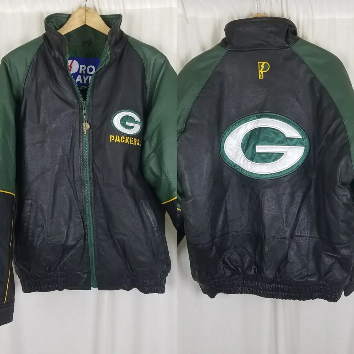Vintage Pro Player Green Bay Packers Leather Double Sided Bomber Jacket Mens M 1