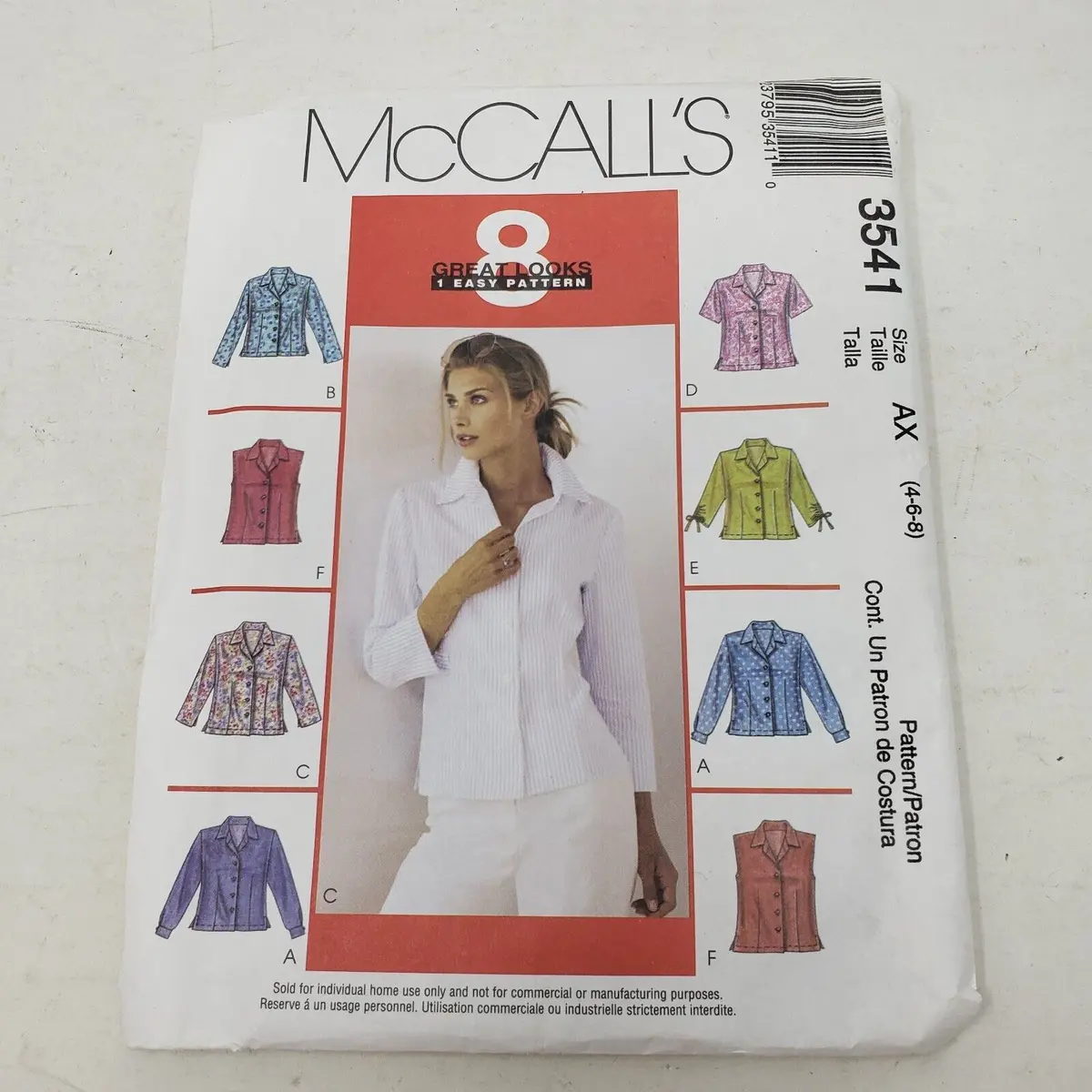 Mccall's 3541 Easy Button Front Shirts Sewing Pattern Sleeve Variations 4-6-8 Ax 1