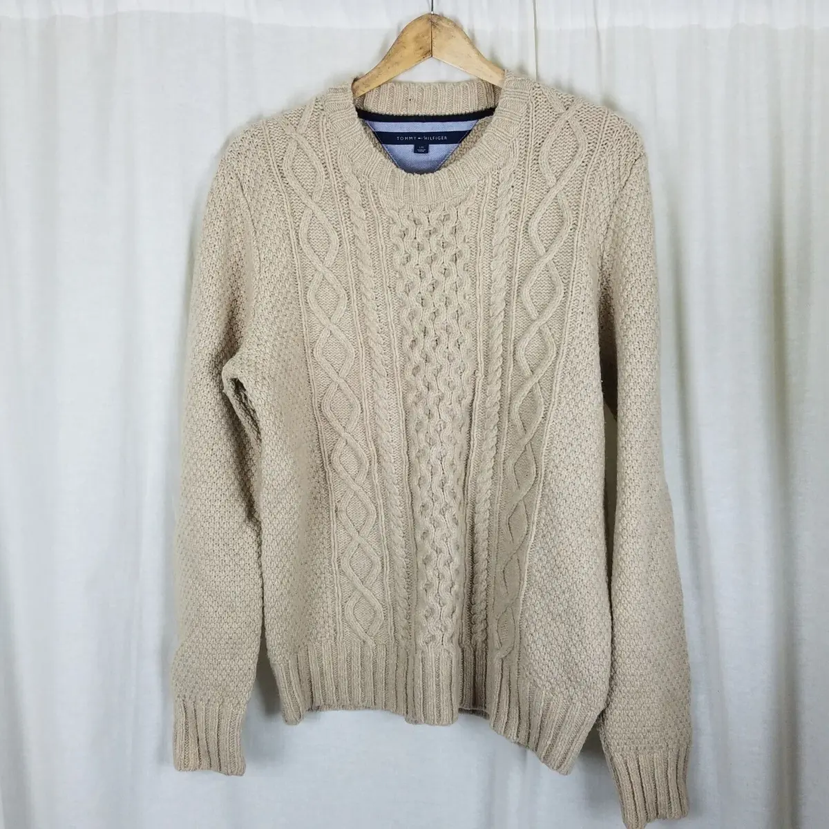 Tommy Hilfiger Lambswool Chunky Cable Knit Fishermans Sweater Mens L Cream 1