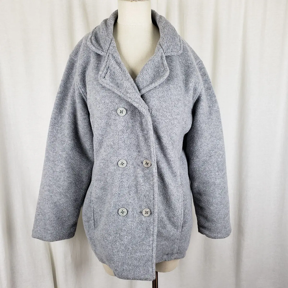 Ll Bean Polartec Fleece Double Breasted Peacoat Jacket Short Coat Womens L Gray 1
