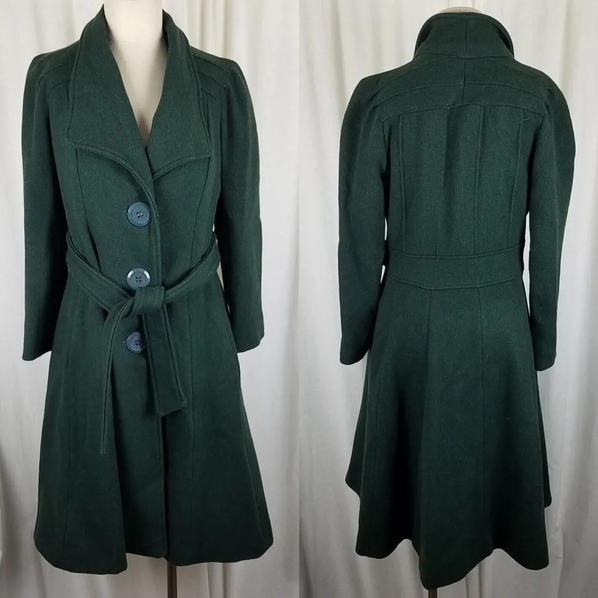 Vintage Belted Winter Wool Shawl Collar Skater Swing Twirl Coat Peacoat Womens S 1