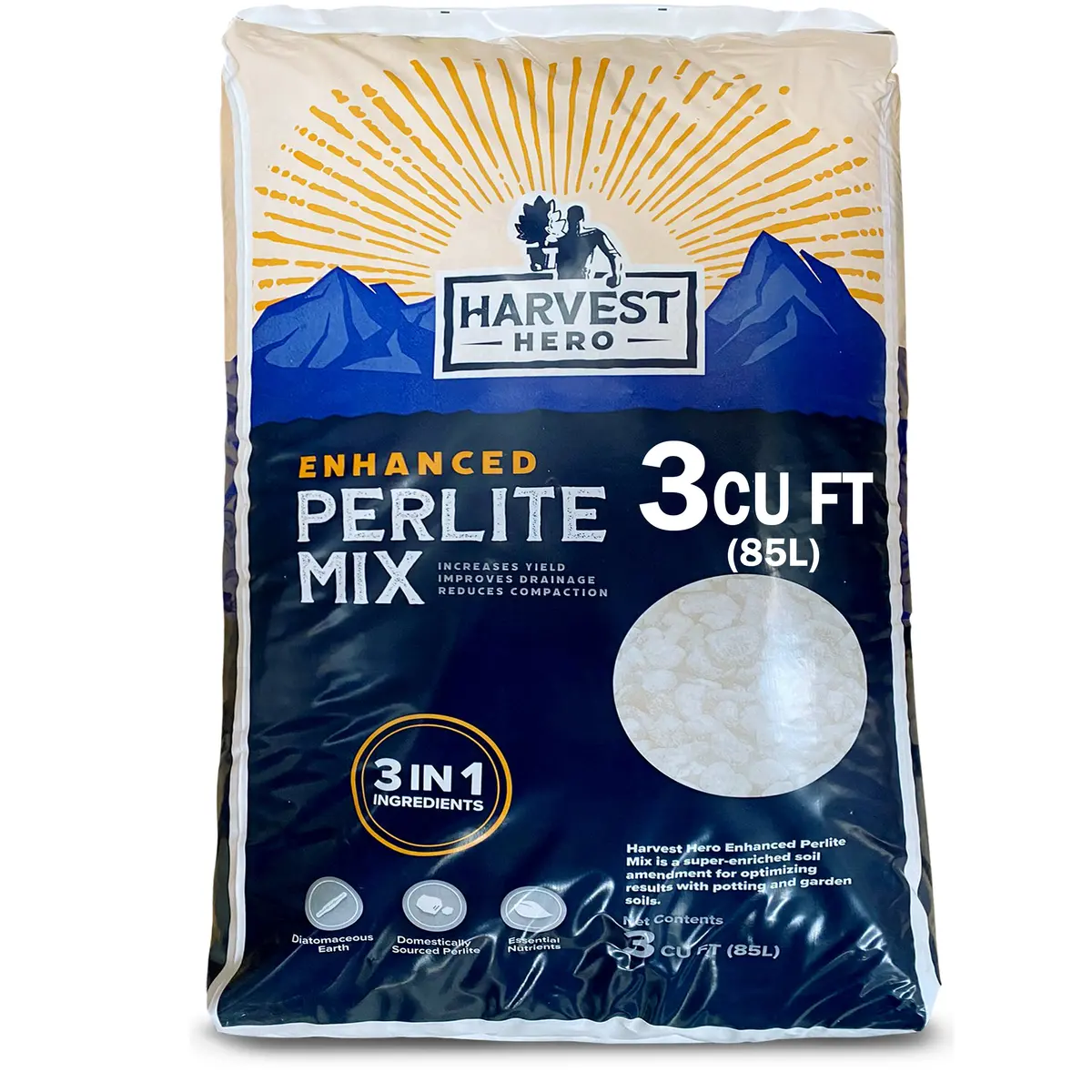 Harvest Hero Enhanced Perlite Mix – 3In1 Potting Soil Blend – Hemp Cannabis And General Plants – Contains Perlite, Diatomaceous Earth & Essential Nutrients – 3 Cubic Foot - 90 Quarts 1