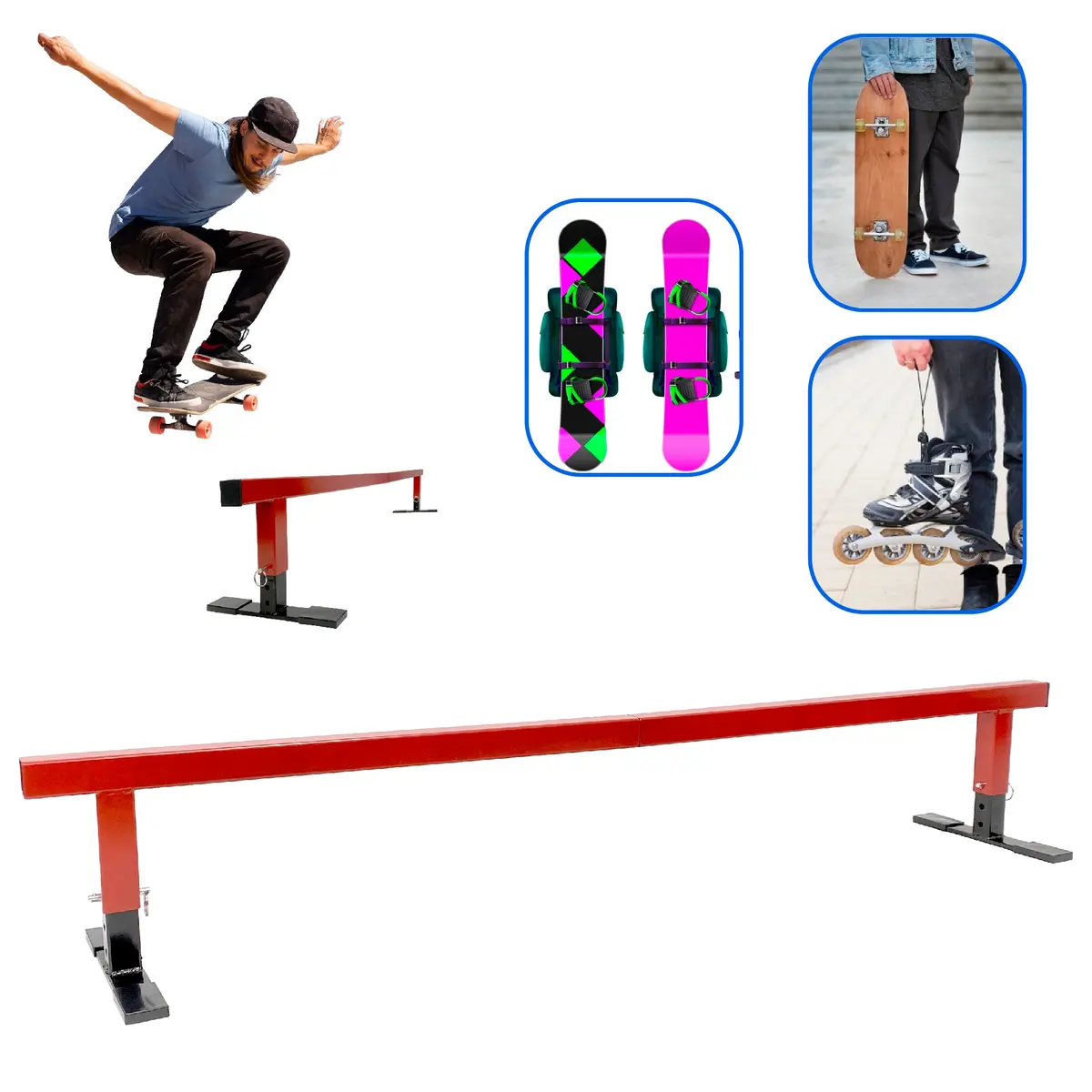 Rad Rail Skateboard Ramp Grind Rail – Heavy Duty 1.75” Square Flat Bar – 3 Height Adjust – 5 Foot Long – Driveway, Street, Ramp Or Skatepark - Snowboard, Scooter Etc. – No Tools Required, Red/Black 1