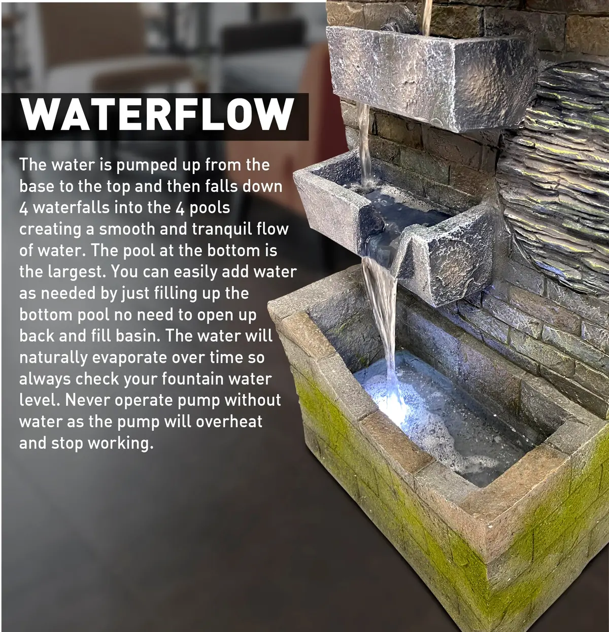 Easygoproducts 4 Tier Rock Water Fountain With Led Light Made From Fiberglass Resin - Outdoor Or Indoor, Large 40” Tall X 20” Wide, Grey 2