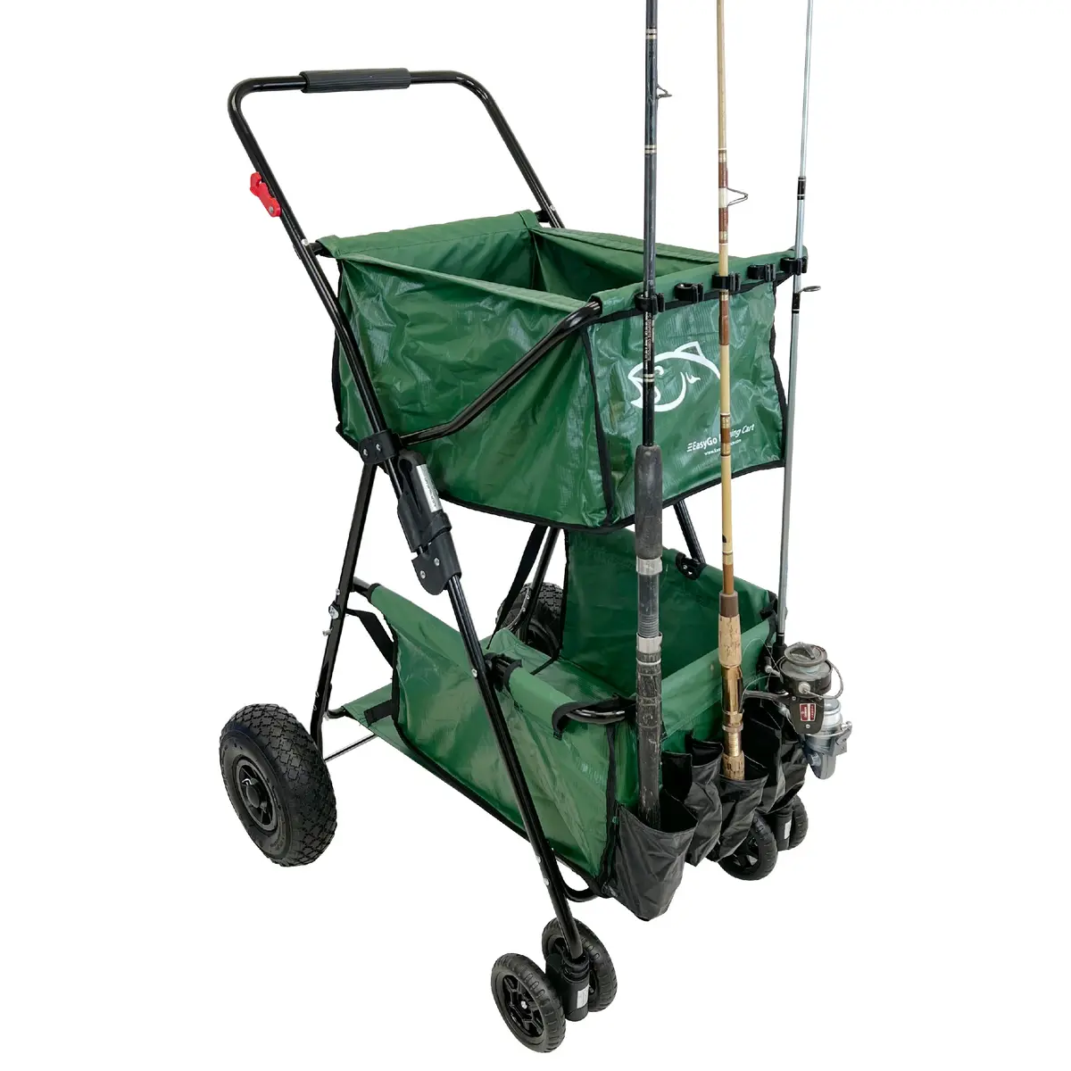 Fishing Cart Wagon - Holds 5 Fishing Poles – Large Air Wheels – Cooler Platform – Storage Pouch – Fits In Trunk Of Car - Great For Piers, Lakes, Rivers And Beaches Green 1