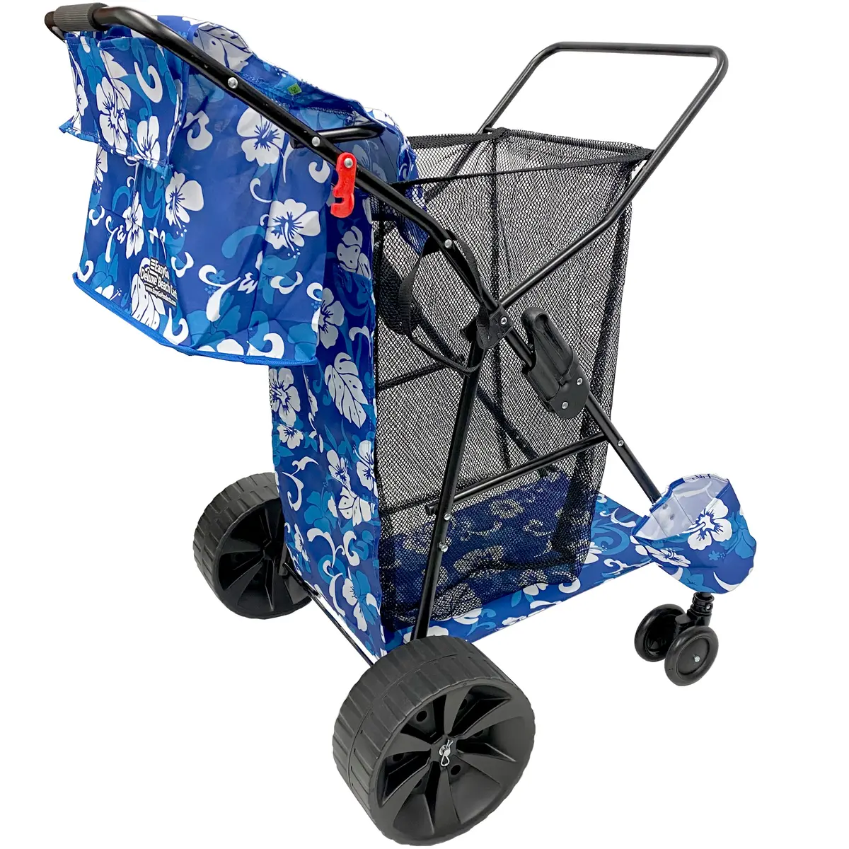 Beach Cart Deluxe Flower Pattern Easygo Beach Cart Deluxe–Heavy Duty Folding Design–Large Wheels For Sand–Holds 4 Beach Chairs–Storage Pouch–Beach Umbrella Holder–Removable Beach Bag-Flower Pattern 1