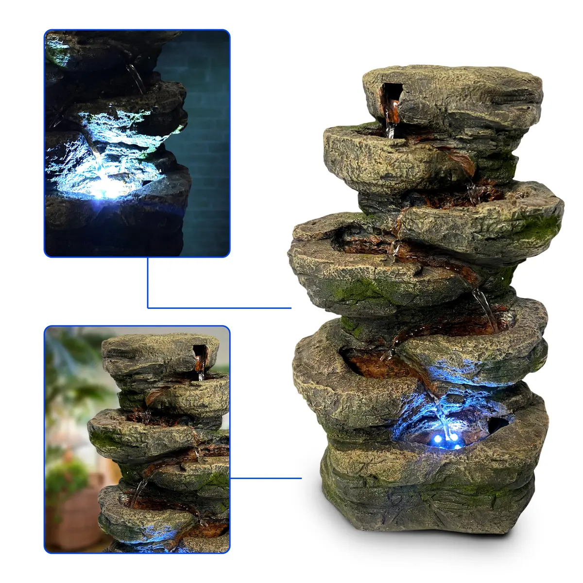 4-Tier Stone Tabletop Water Fountain With Led Lights - Soothing Water Sound - Small Decorative Waterfall Feature For Hom 1