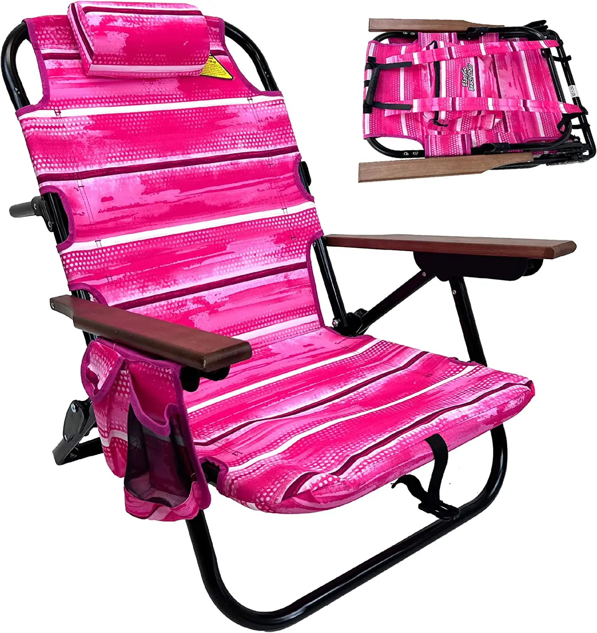 Backpack Beach Chair - 5 Positions And Lays Flat – Deluxe Wood Arm Rests – Cup Holder Storage Pouch On Side - Padded Pillow - Storage Bag On Back – Lightweight Rustproof Aluminum – 1 Pack Pink Stripes 1
