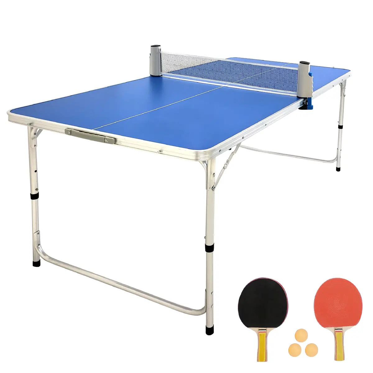 Easygo Product Ping Pong Table Tennis Space Saving & Easy Storage Includes (2) Regulation Paddles (3) Balls And (1) Easy Clamp Net Table Size 5 Foot X 2.5 Foot Legs 24”-28” Tall - Blue 5Ft 1