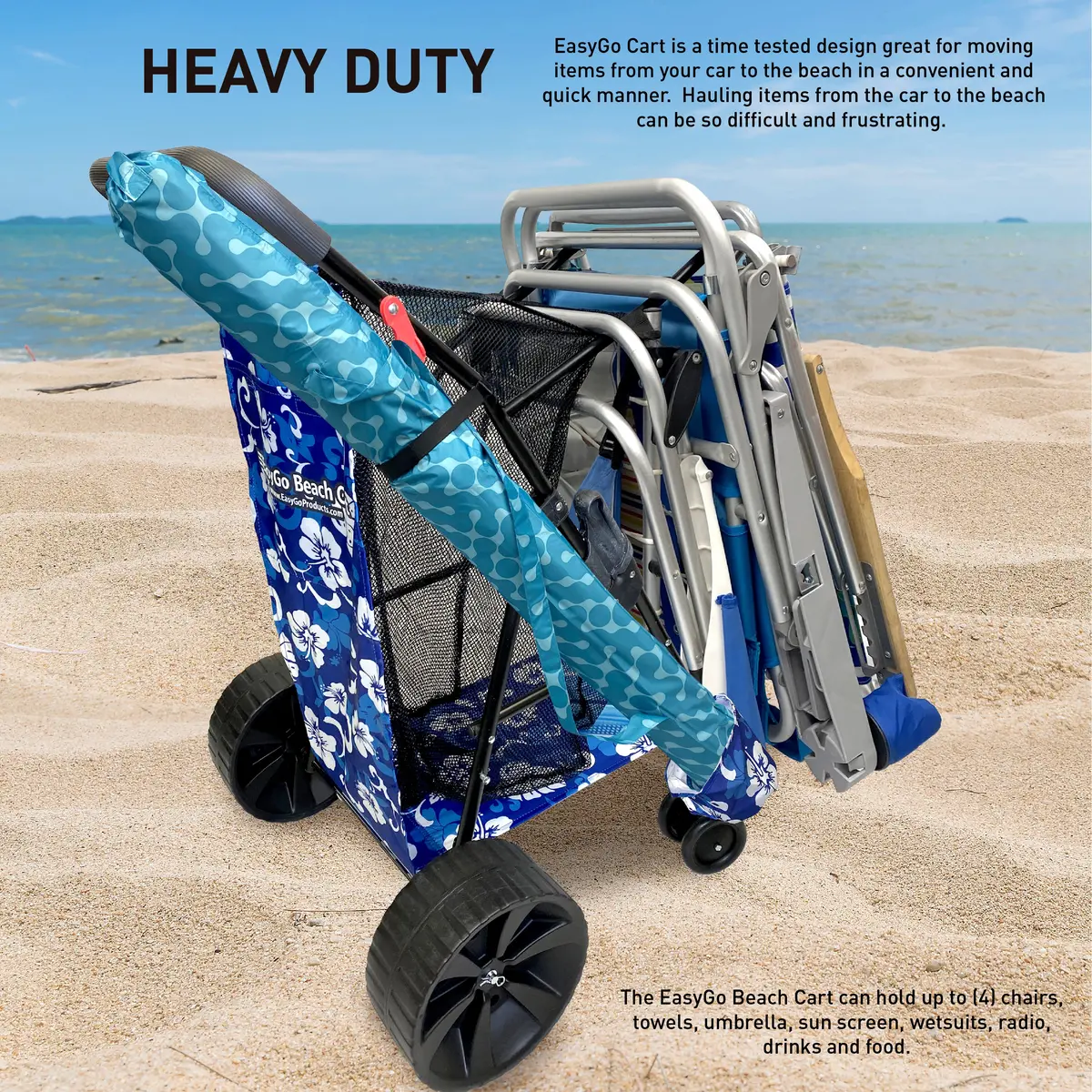 Easygo Beach Cart–Heavy Duty Folding Design–Large Wheels For Sand–Holds 4 Beach Chairs–Storage Pouch–Beach Umbrella Holder–Flower Pattern 2