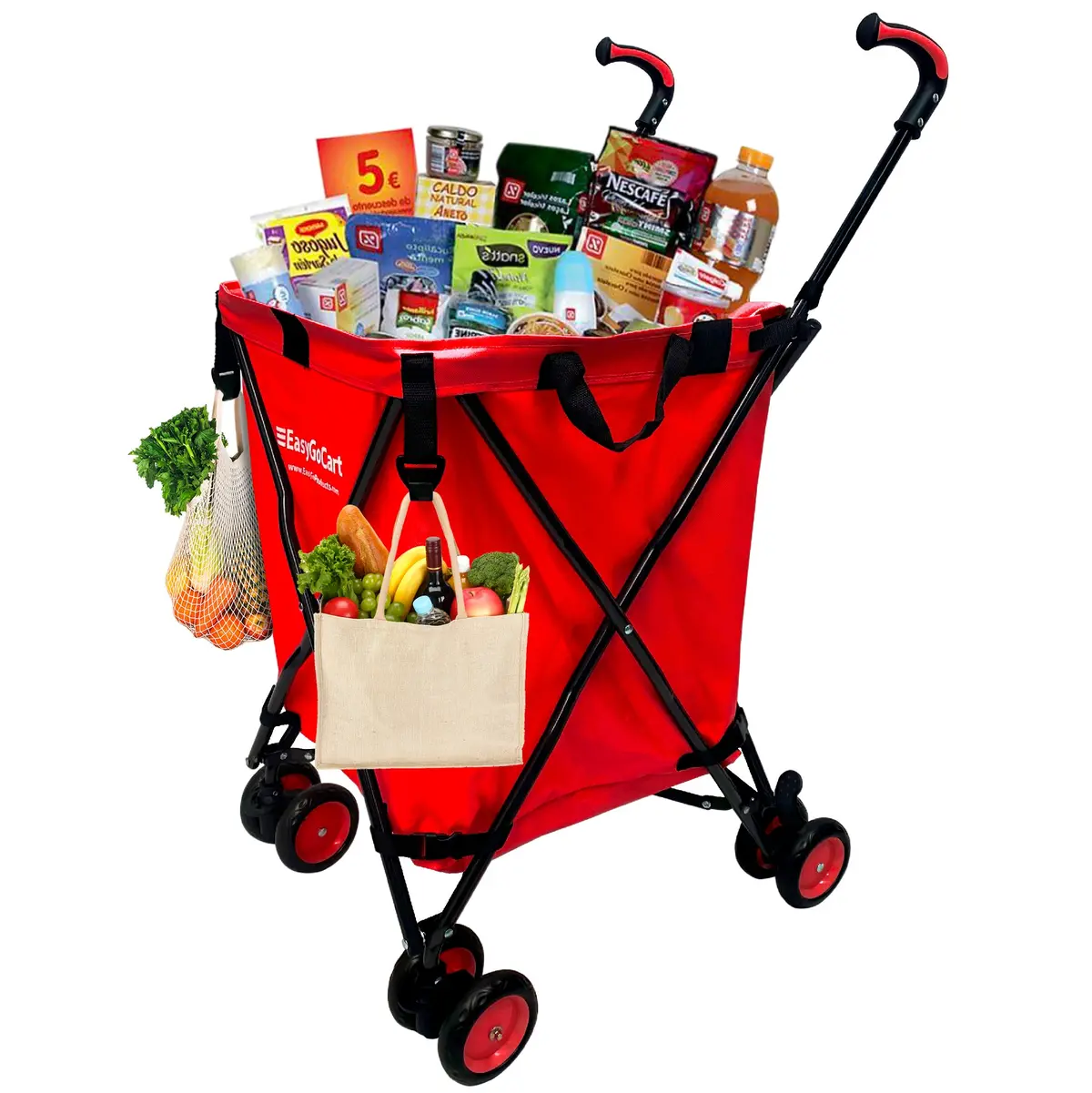 Easygo Cart Folding Grocery Shopping And Laundry Utility Cart – Removable Water-Resistant Canvas Bag - Front Locking Swivel Wheels – Rear Brakes - Easy Folding - 120Lbs Capacity – Copyrighted – Red 1