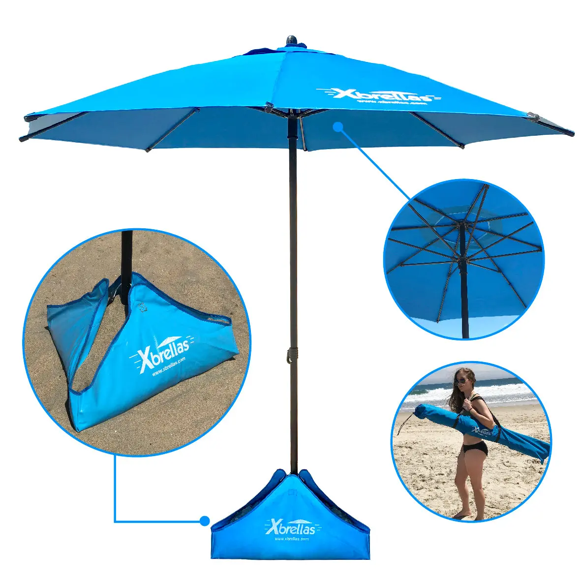 Xbrellas – The Best High Wind Resistant Large 7.5’ Beach Umbrella.  6 Heavy Duty Strong Fiberglass Ribs, Marine Grade 1